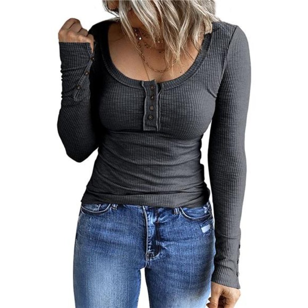 Women's Long Sleeve Shirts Casual  Button Down Blouses Basic Ribbed Knit